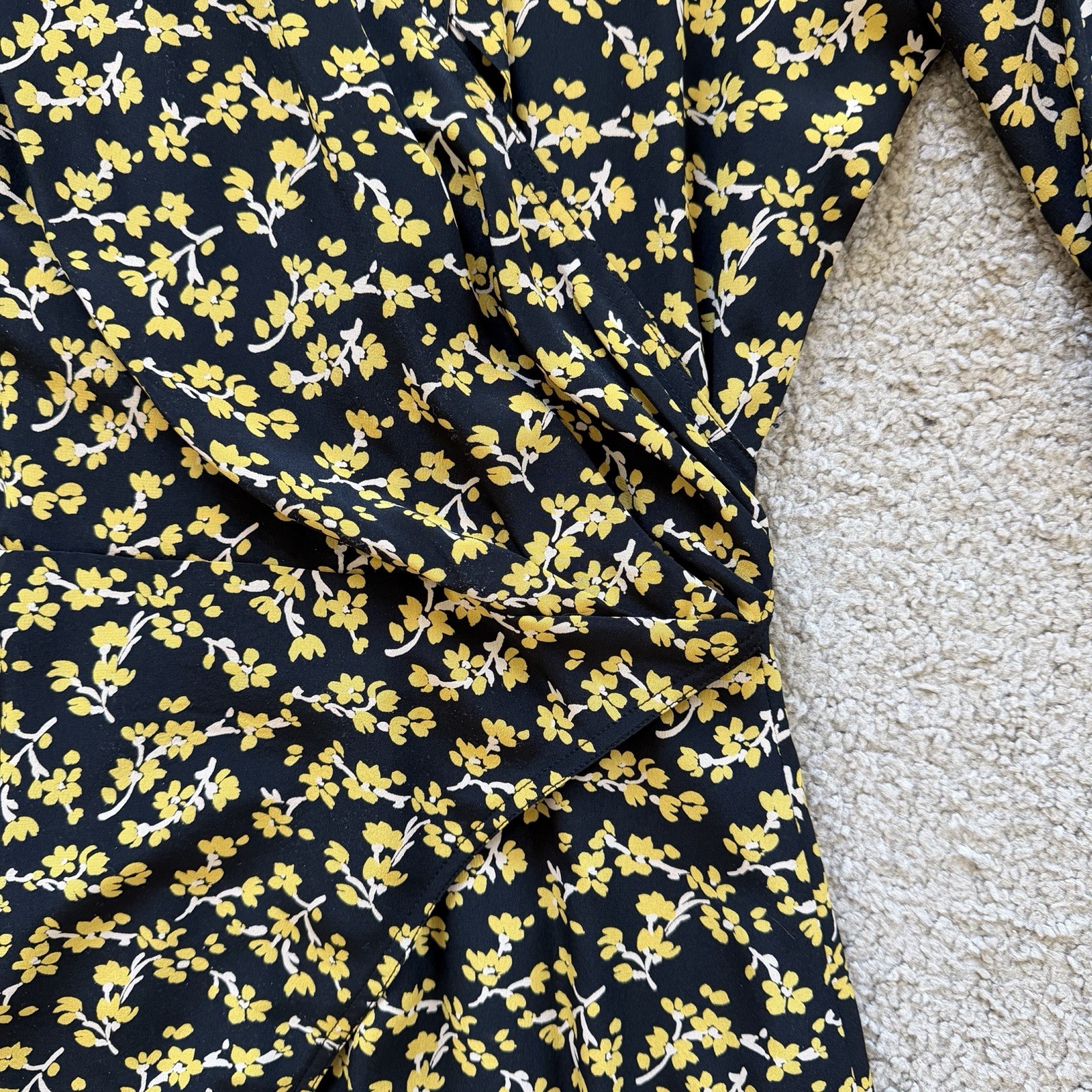 VTG ~ 1990s ~ Black and Yellow Floral Wrap Dress ~ Chic ~ Midi ~ Size M