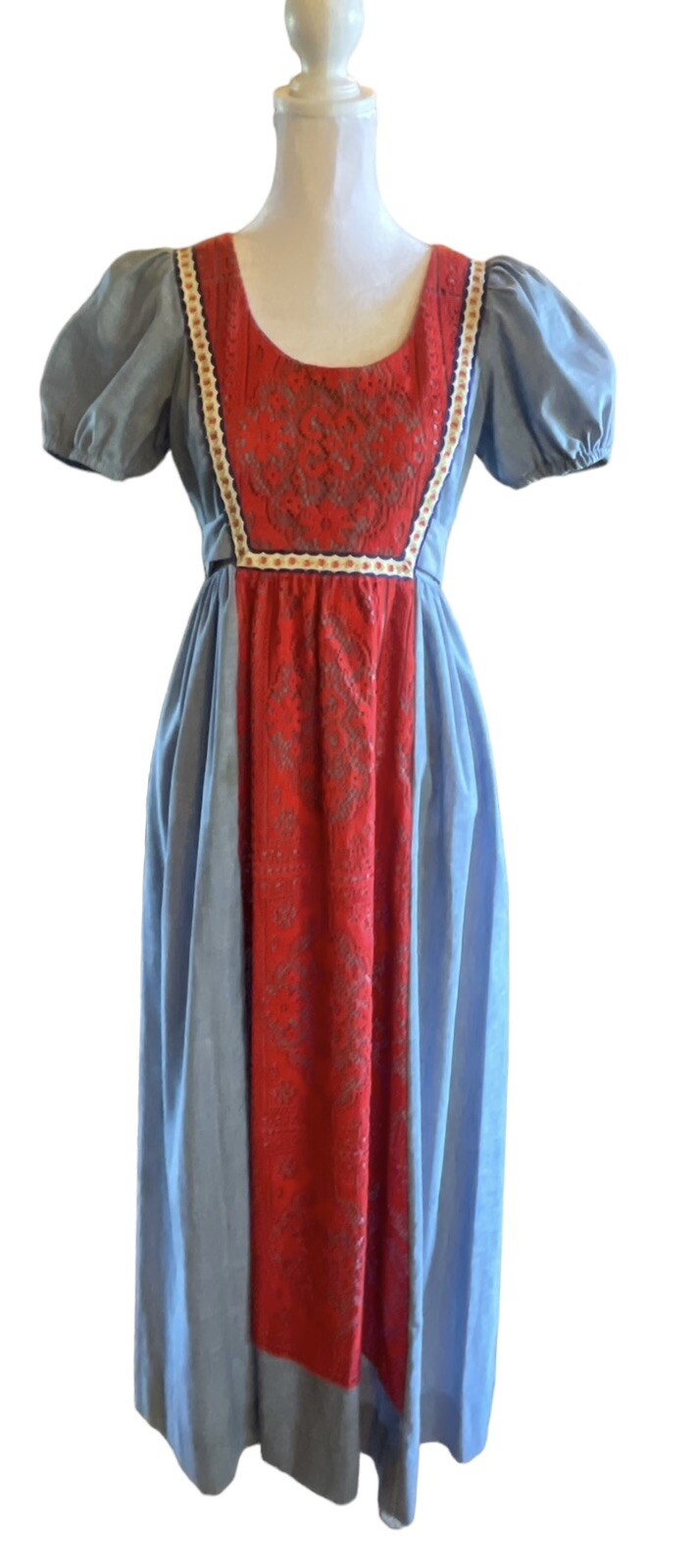 VINTAGE Joy Stevens CA boho maxi dress Blue Red Pinafore Lace Crochet Puff 3/4