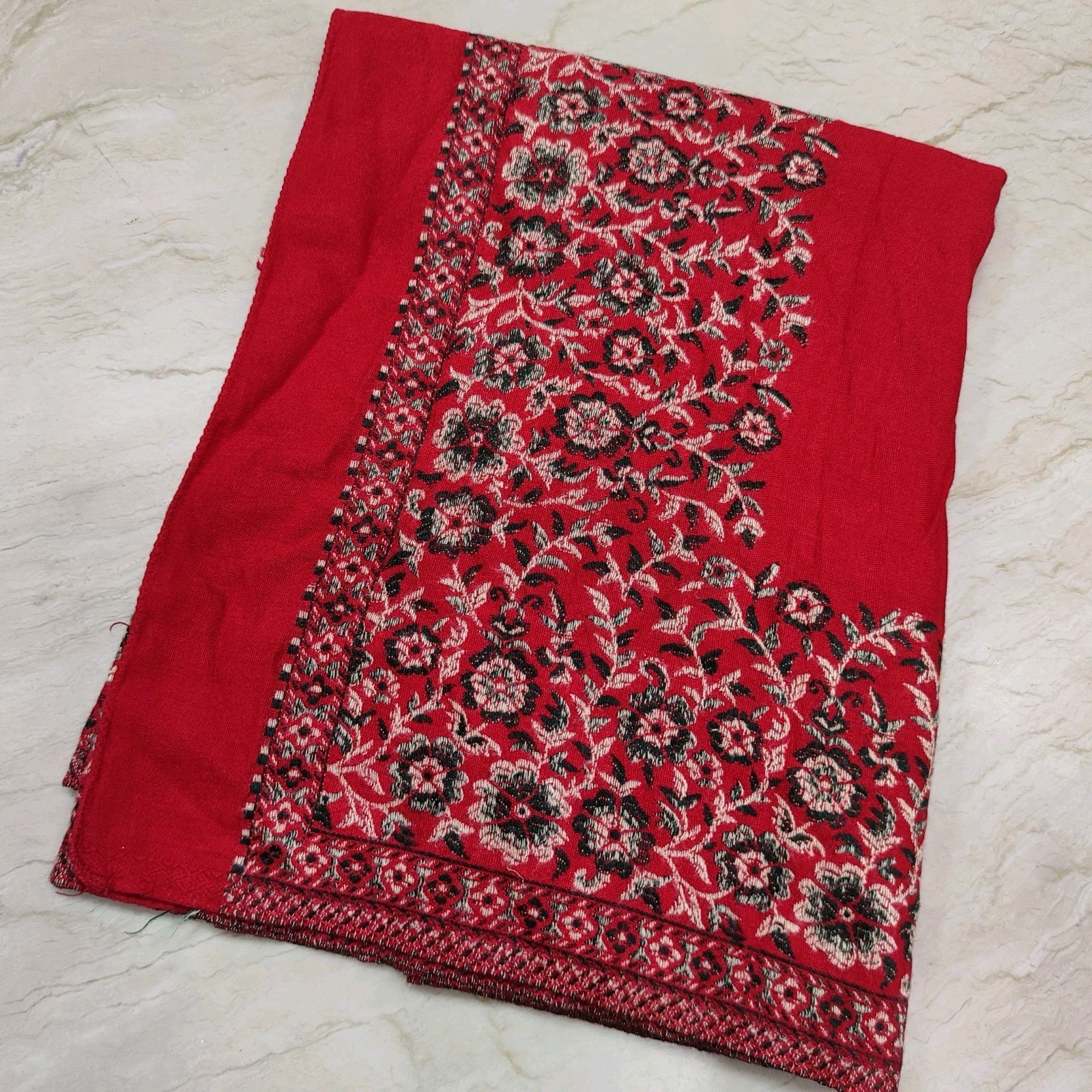 Vintage Indian Traditional Hand Wowen Pashmina Long Red Shawl Throw Stole