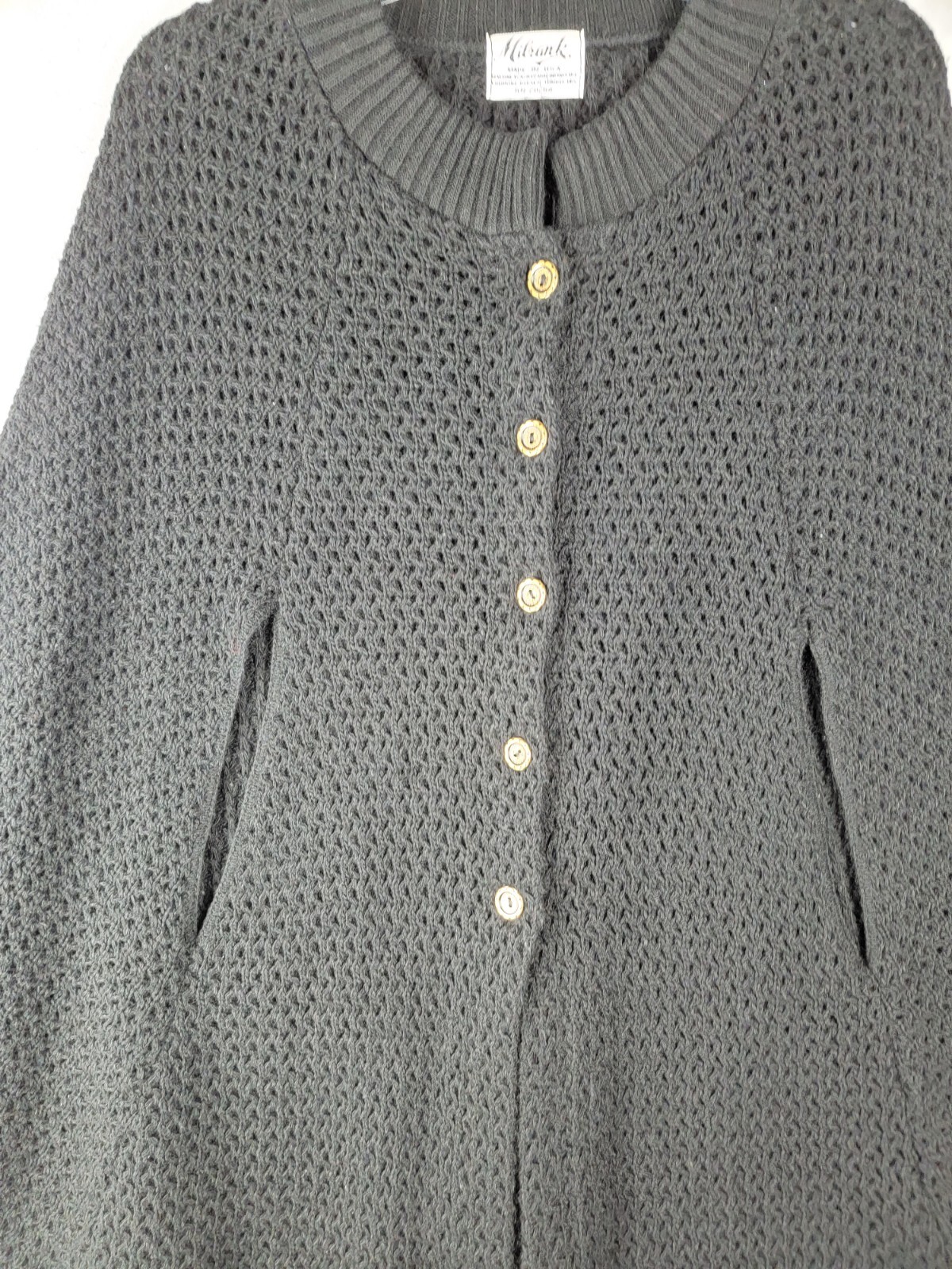 Vintage Milrank Boho Sweater Womens Large Black 70s Era Crochet Knit Poncho