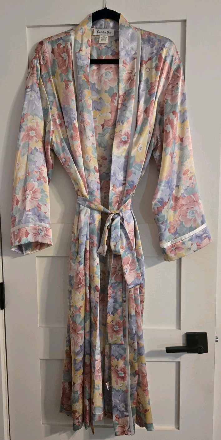 Vintage Christian Dior Robe Womens L Floral Long Lounge Wrap Robe