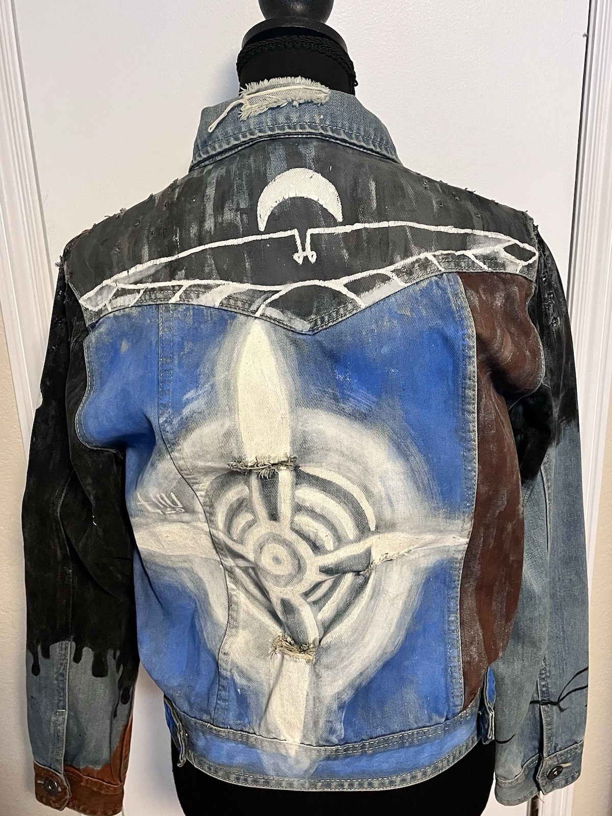 Jean Jacket Women Small Multicolor Upcycled Hand Painted Wearable Art Thrashed