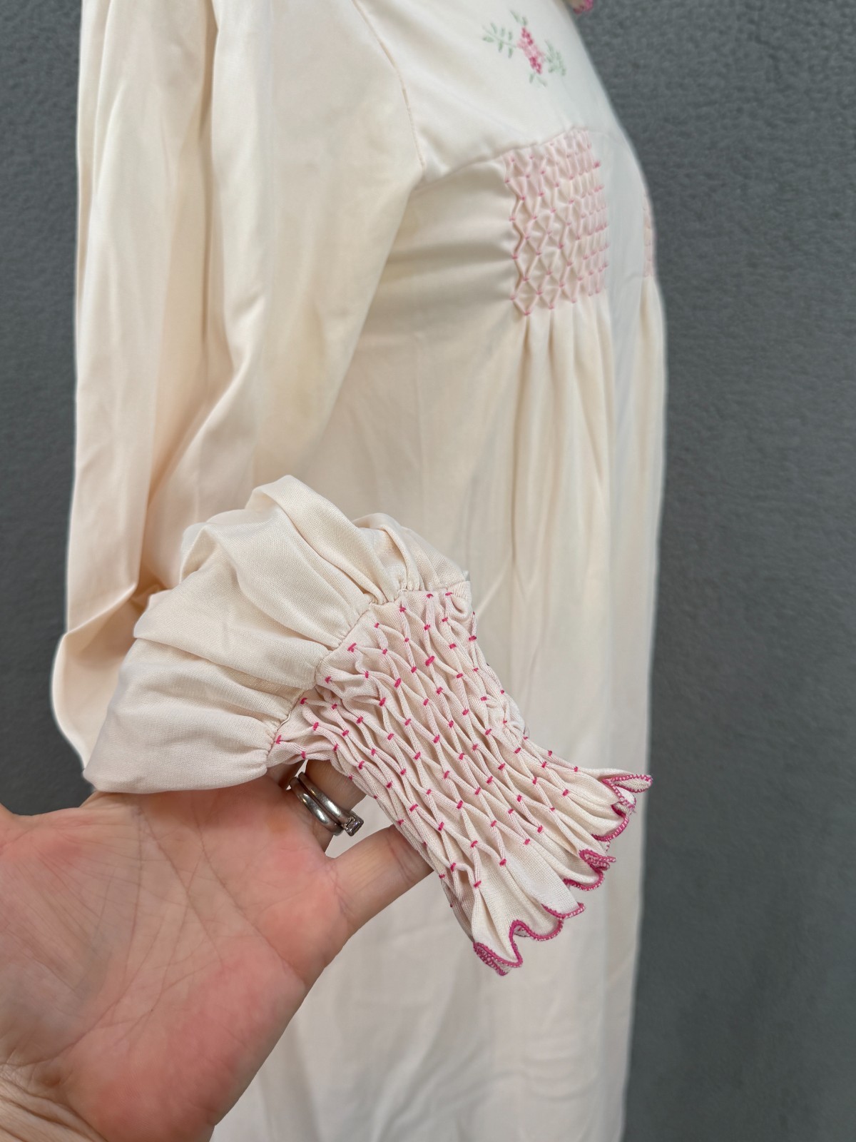 Vintage 60’s Nightie Nylon Nightgown Night Shift size M Embroidered Long Sleeve