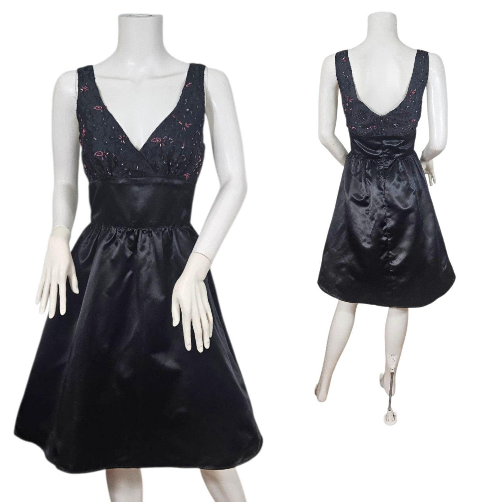 Mica 1990s Beaded Black Satin Short Fit & Flare Cocktail Dress I Sz Sm