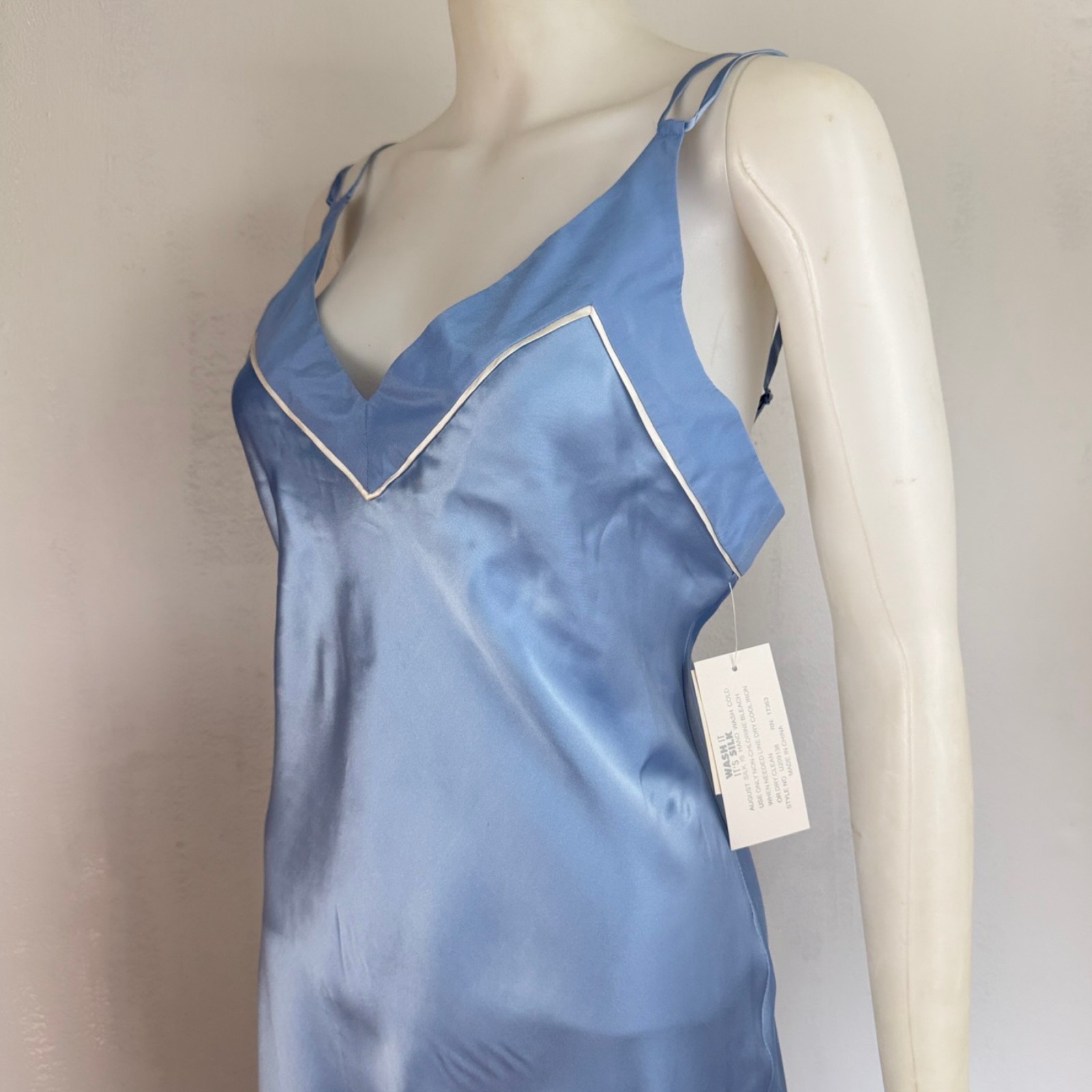 Vintage Silk Slip Dress Size Small Light Blue Satin V-Neck Camisole Style Midi