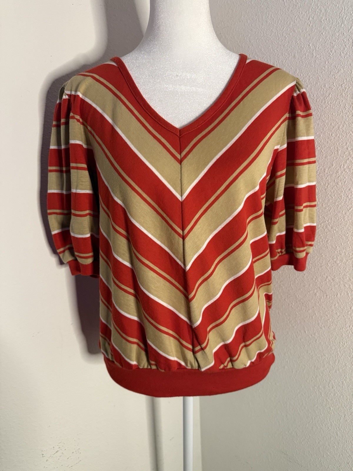 VTG 70s Sears The Fashion Place Chevron Blouse Banded Waist Shirt Puff Sleeve M