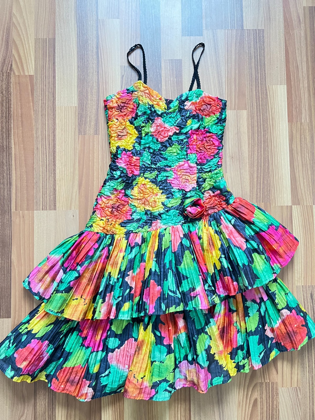 1980s Floral Taffeta Cocktail Party Dress Tiered Spaghetti Straps Prom Evening