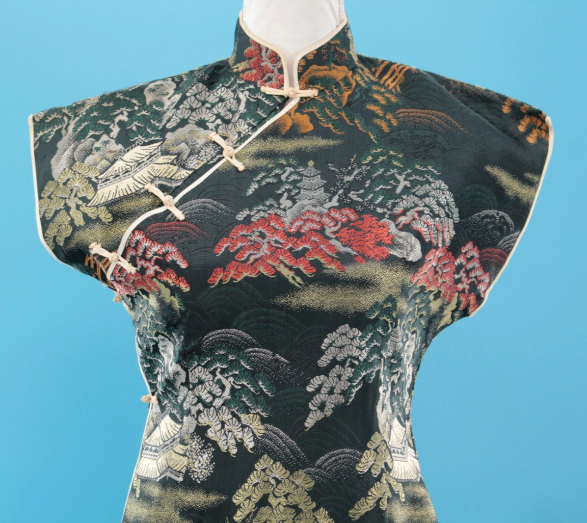 VTG Women’s 50s Black Multi Color Brocade Cheongsam Dress Sz S/M 1950s Jacquard