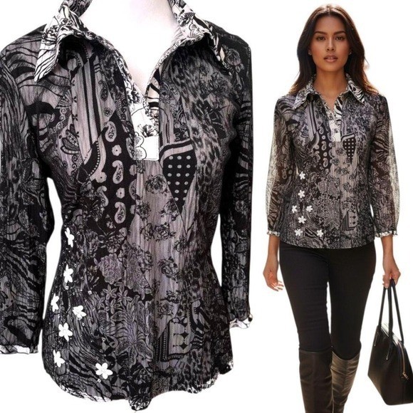 90s Y2K vintage black mesh floral beaded Alberto Makali top medium large