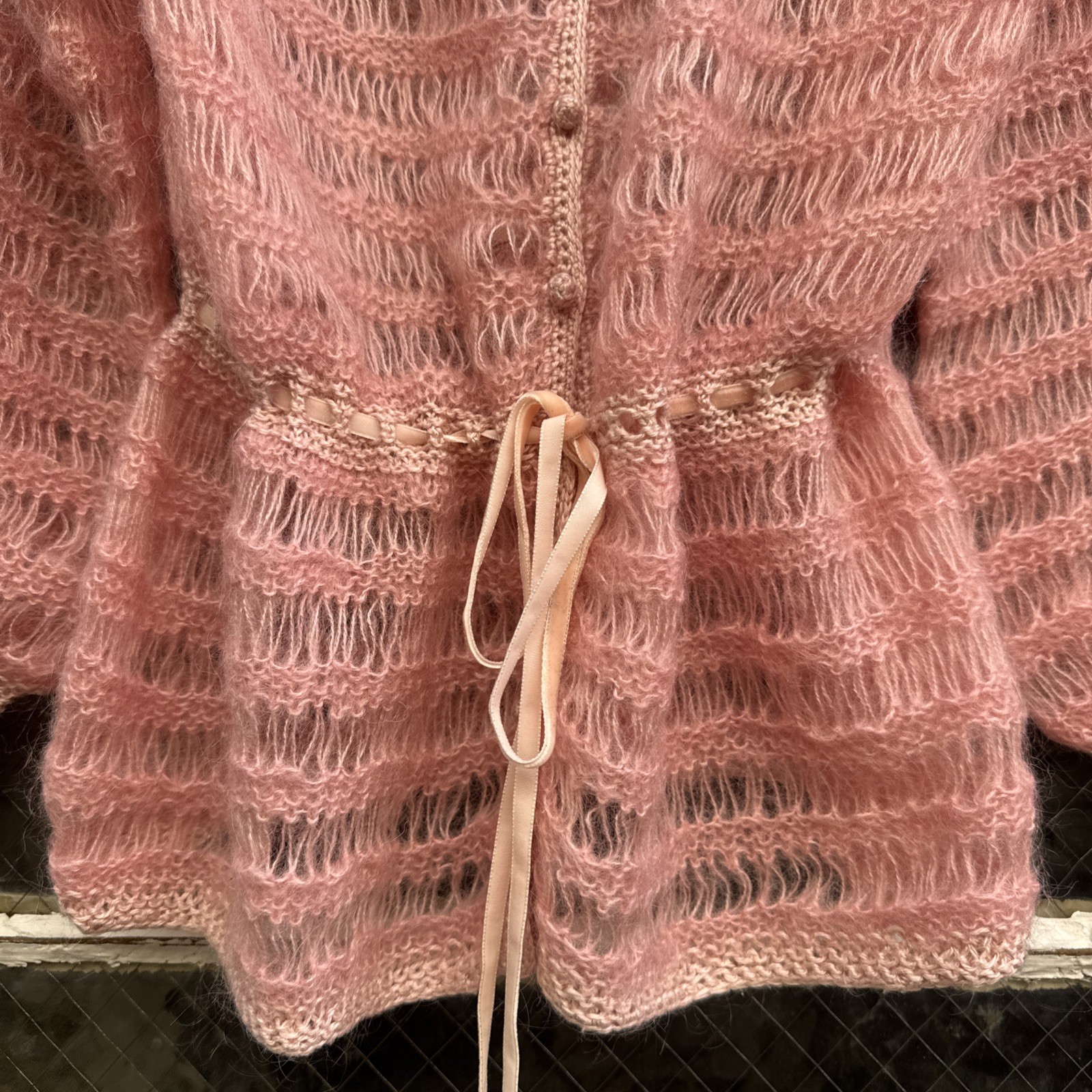 Vintage 1930s Pink Mohair Knit Wool Sweater Cardigan Balloon Sleeves Dress Top