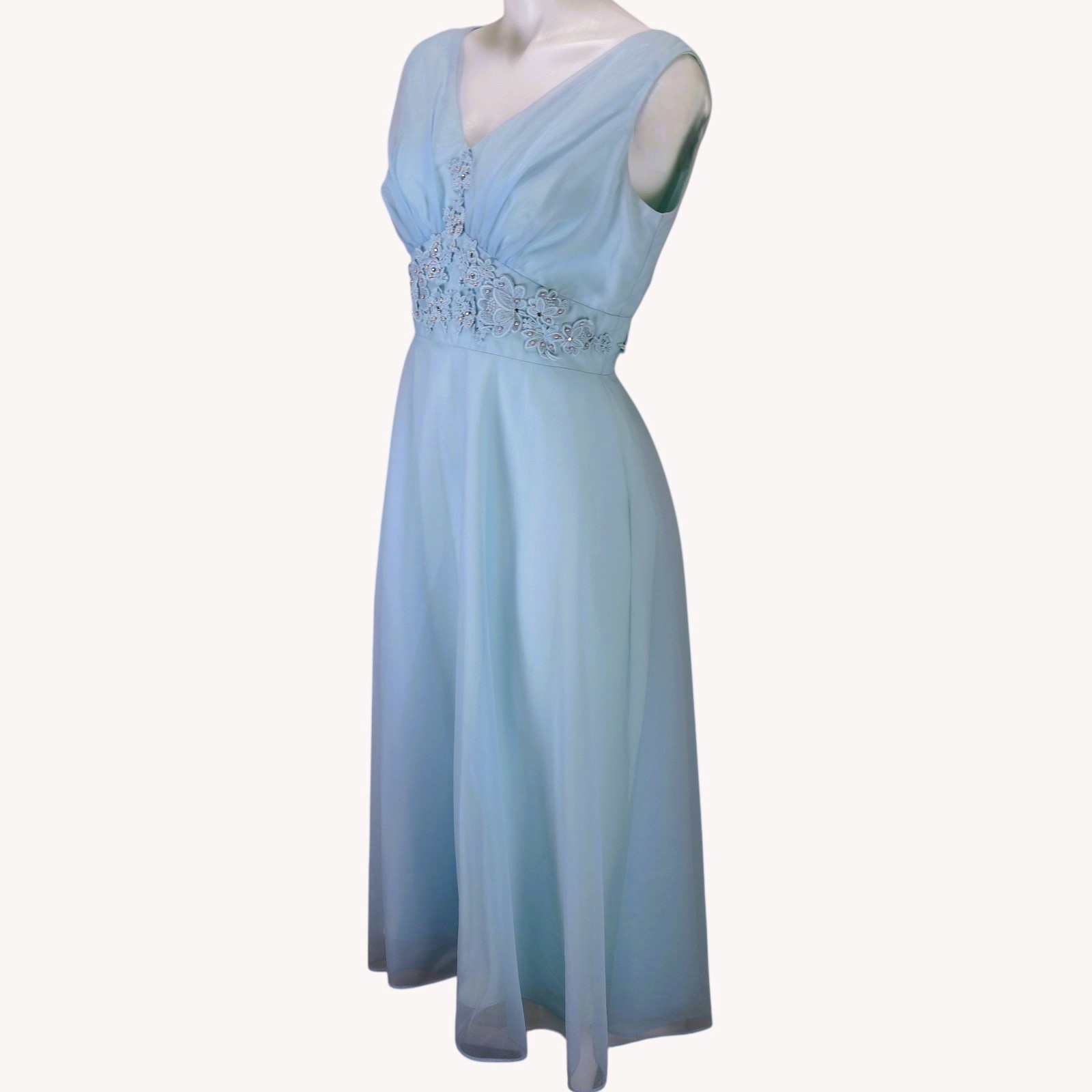 Vintage 1960s Aqua Blue Chiffon Bridesmaid Dress Midi Empire Waist Beaded 6-8