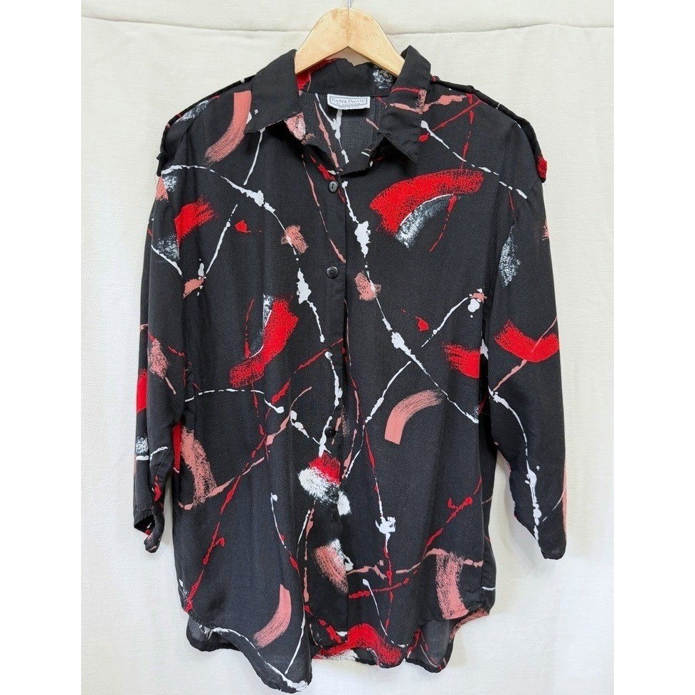 Extra Pretty California Vintage 80s Abstract Paint Splatter Shirt Women L Black
