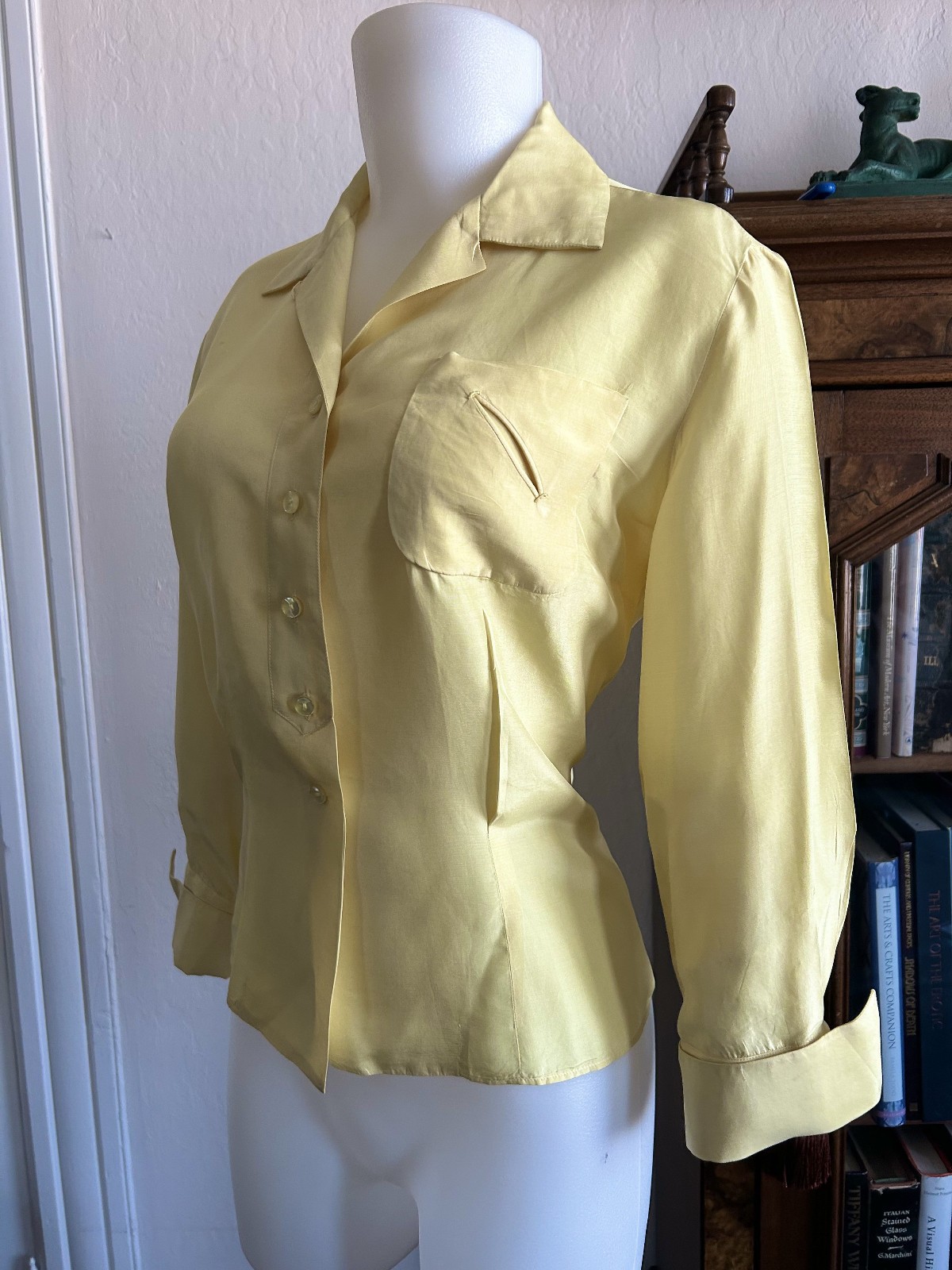 Vintage 40s 1950s Shirt Chartreuse Yellow Silk Western Button Up Shirt S/M