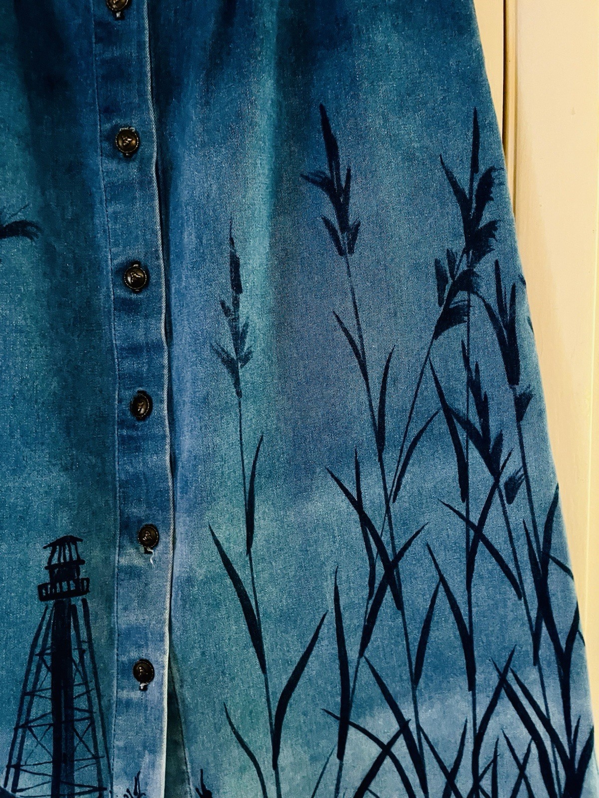VTG 90s Denim Handpainted Coastal Grandma Yacht Sailing Cape Cod Midi Skirt M/L