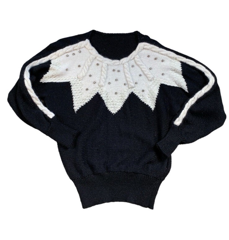 Vintage 80s Cream And Black Angora Lambs Wool Batwing Sweater