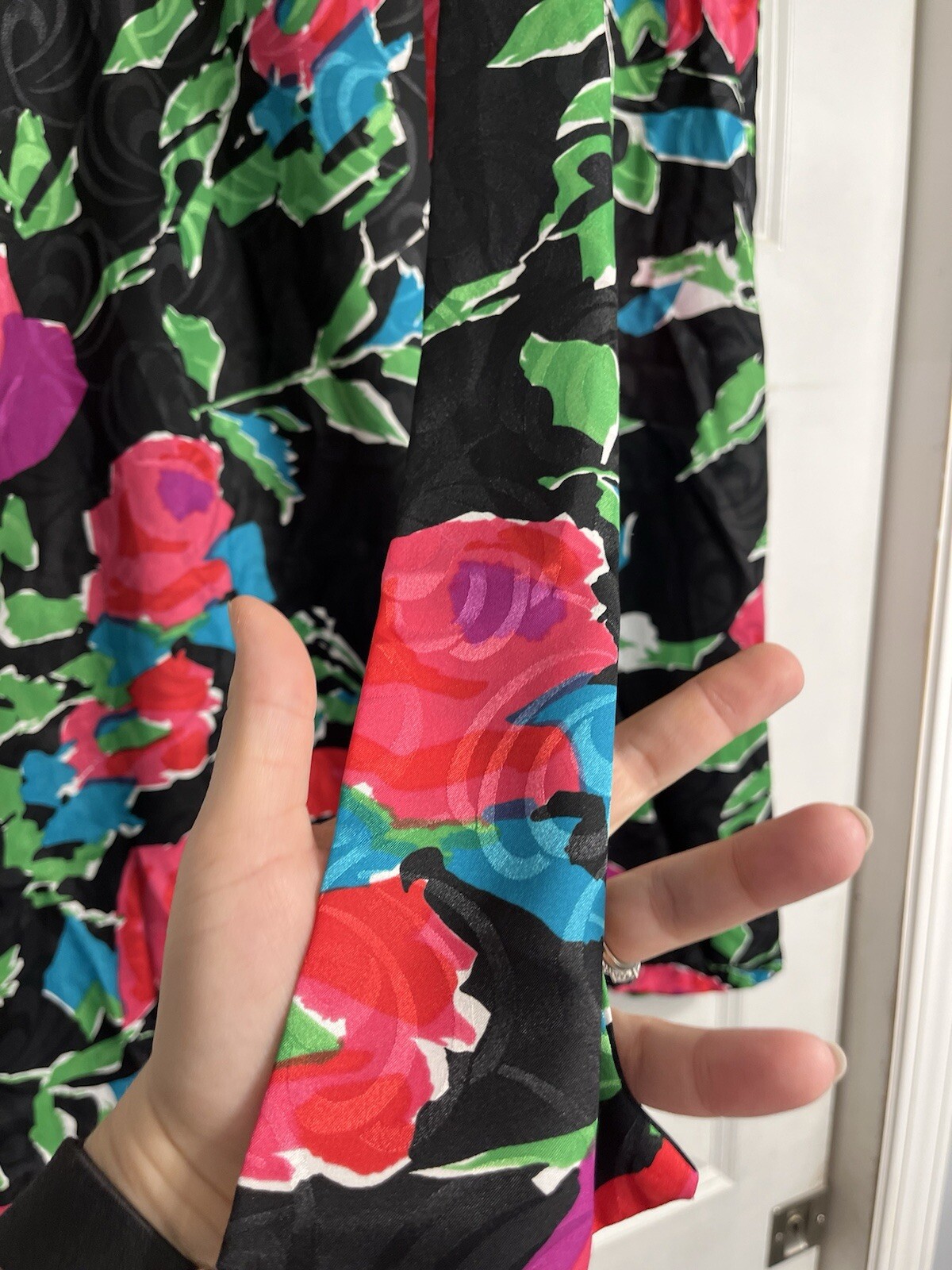 Vtg 80s Anthony Sicari Small Bright Abstact Floral Satin Midi Skirt Belt Sash