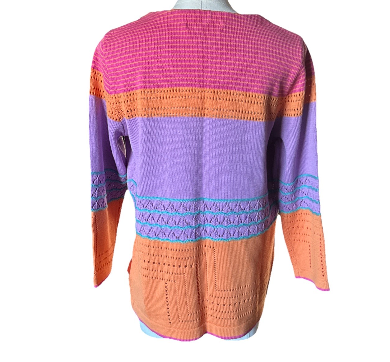 VNTG White Horse Knit Sweater Boho Art To Wear Geometric Pink Purple Orange S/M
