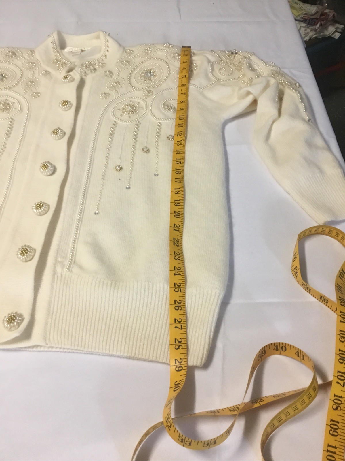 Vtg Belldini CardiganSweater Beaded WoolAngoraNylon L Ivory Shoulder Pads Lined