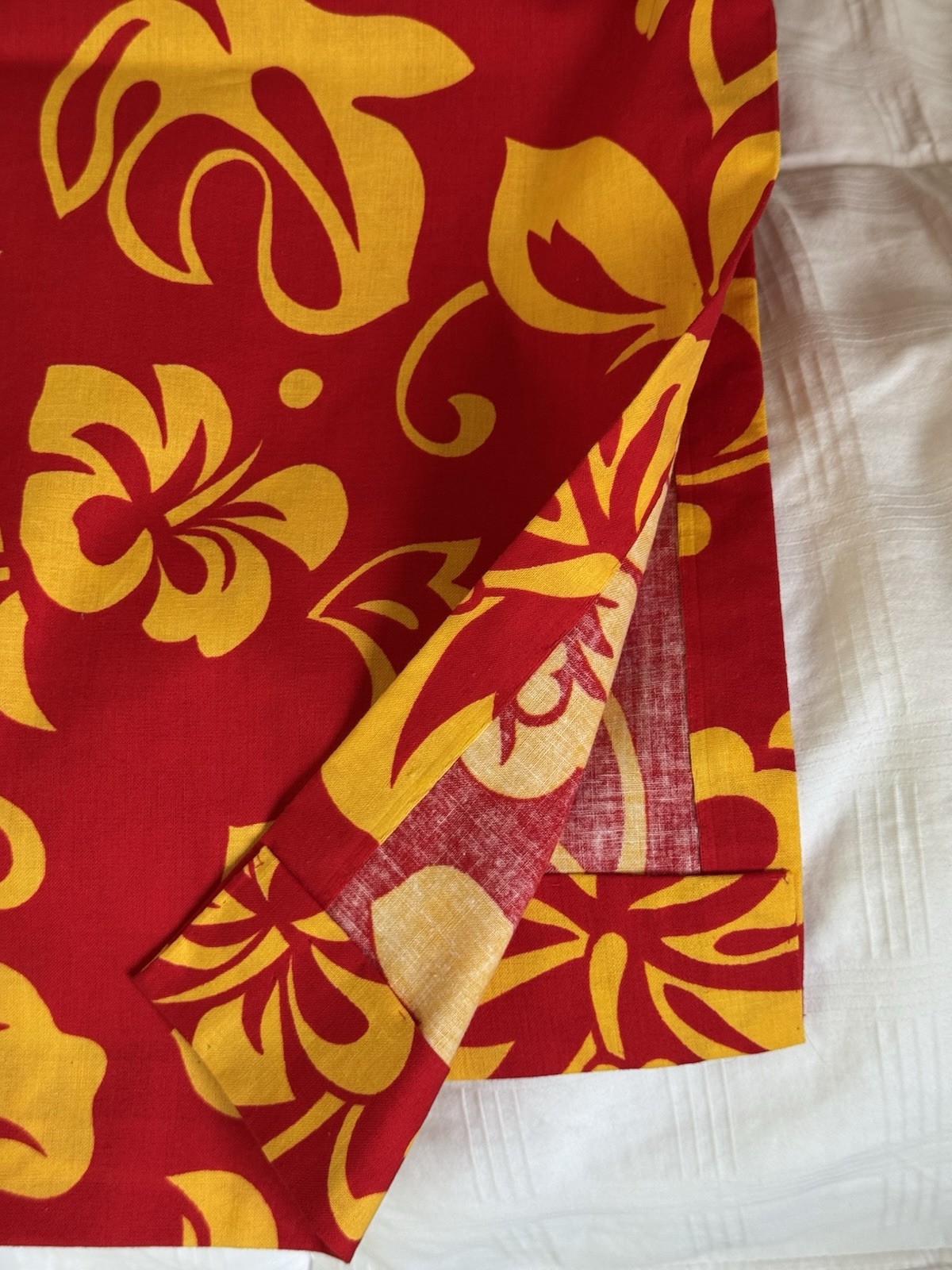 One Shoulder Hibiscus Dress Brilliant Red & Yellow Hand Dyed Hawaiian L 1965
