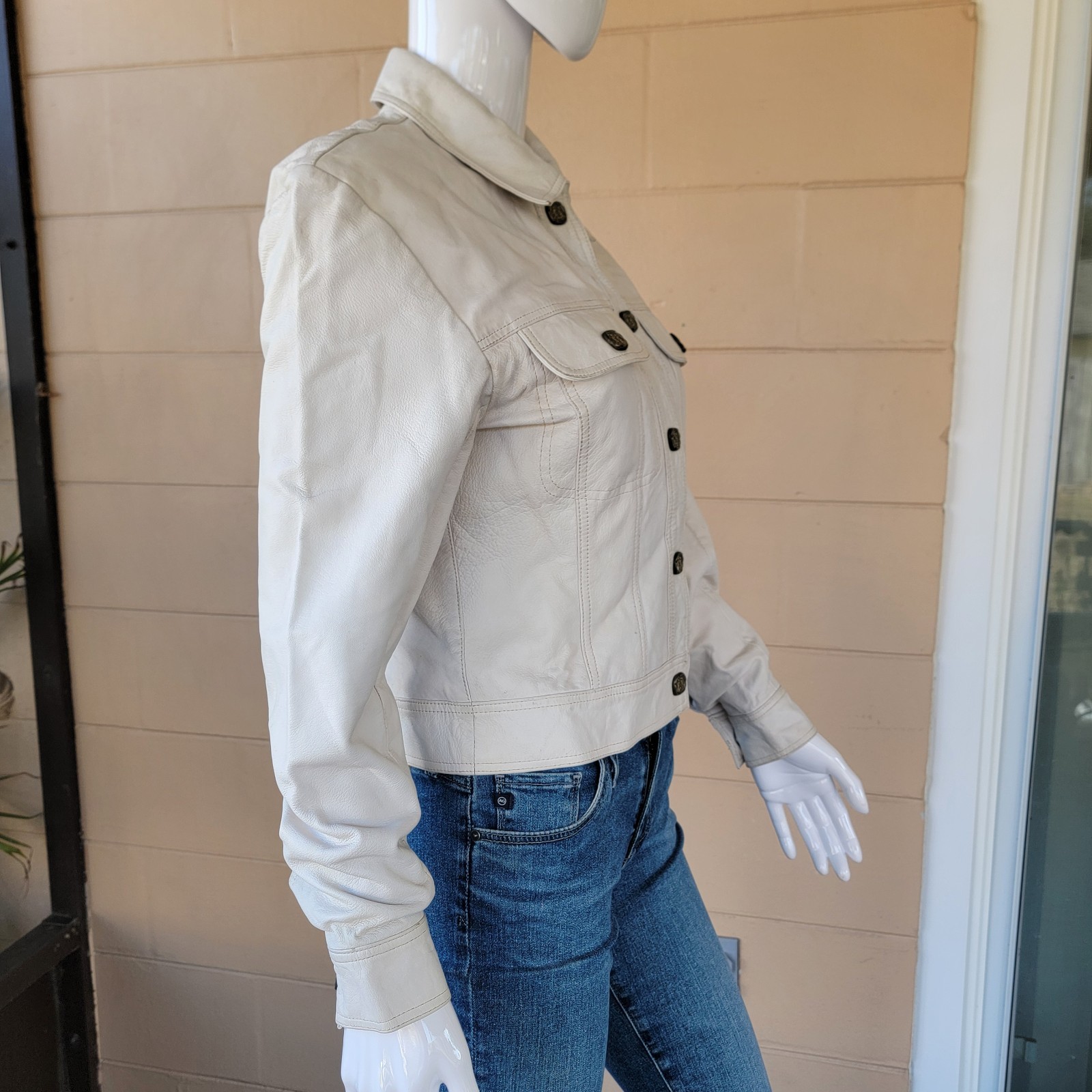 Vintage 90s Margaret Godfrey Leather Jacket Short Off-White Women S Quiet Luxury