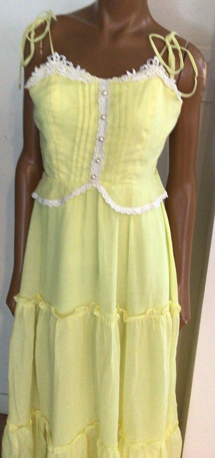 Vintage 70’s Prairie Cottage-core Lace Yellow Maxi Dress Boho Hippie