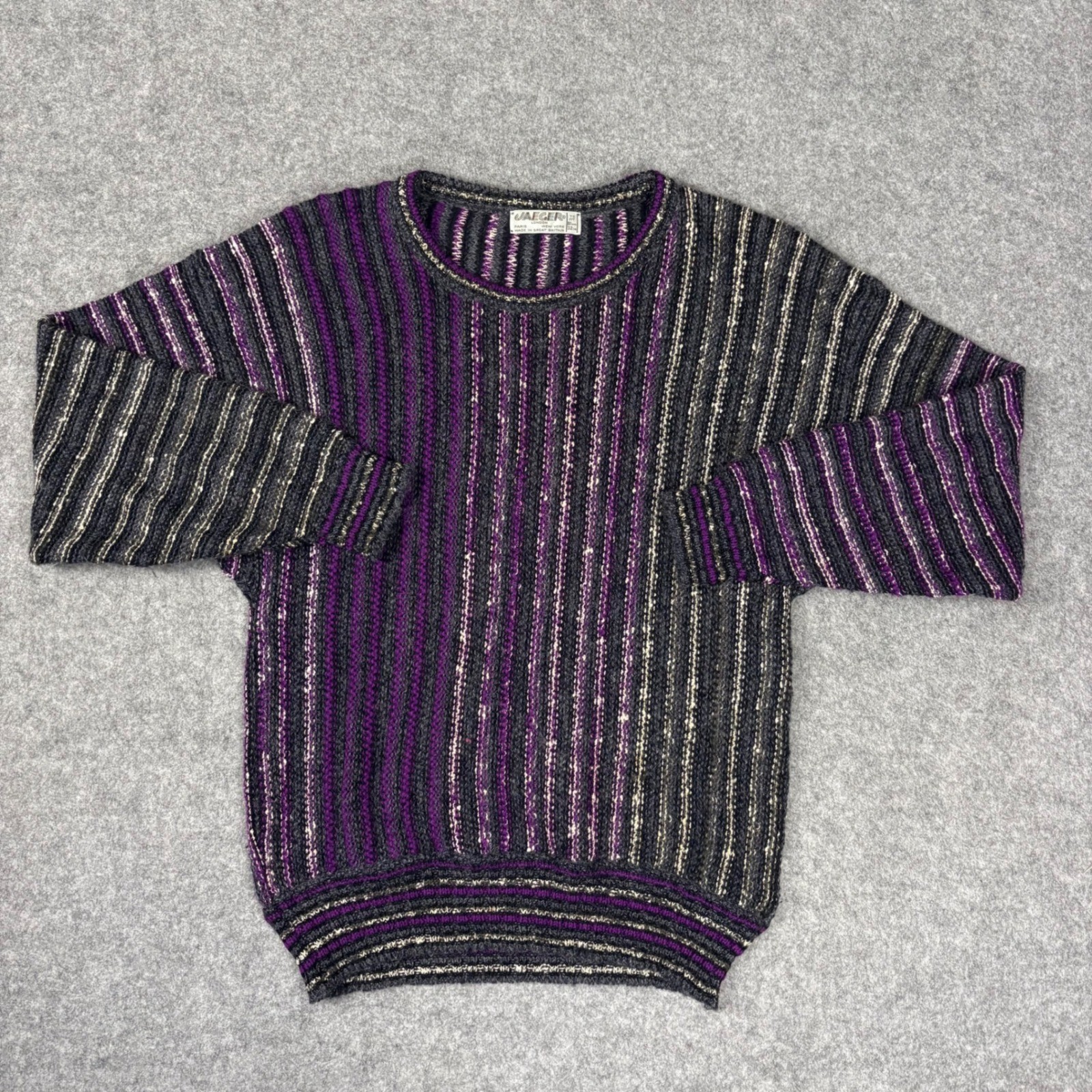 Vintage Jaeger London Mohair Blend Striped Sweater Purple Grey Made in GB 32in