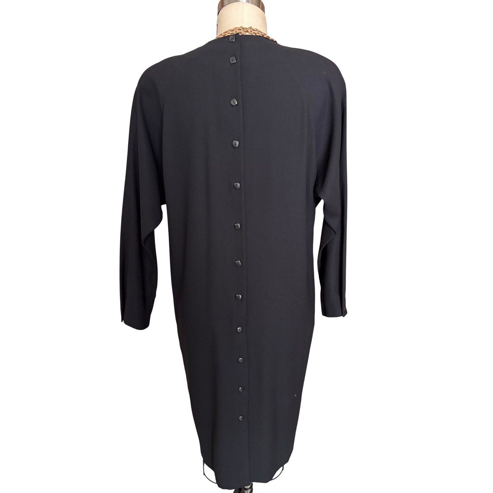 Liz Claiborne Vintage Button Back Shift Dress Womens 8 Black Long Sleeve Pockets