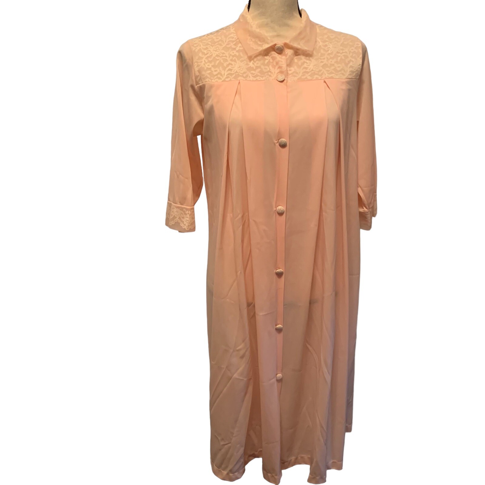 Herson Kickernick Robe Womens Medium Nylon Dusty Pink Lace 1/2 Sleeve Button VTG