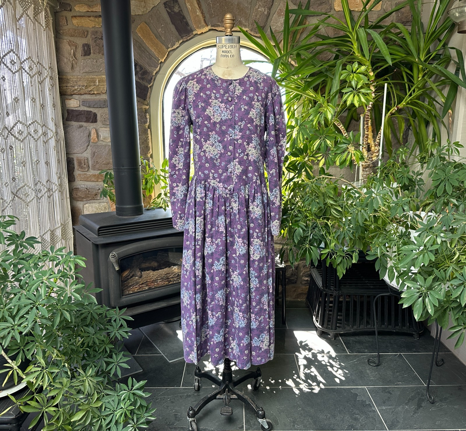 Vintage 1980s Laura Ashley Muted Purples and Gray Ditsy Floral Cotton Wool Dress