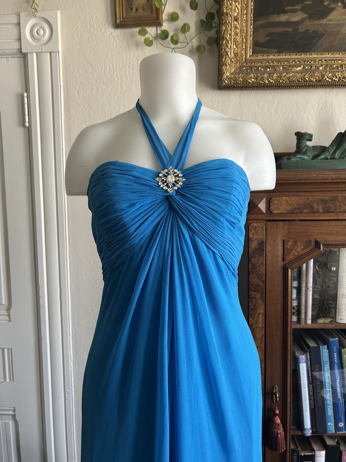 Vintage Y2K Laundry Shelli Segal Aqua Blue Silk Halter Maxi Dress Formal Fairy
