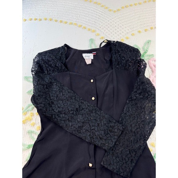 Vintage Jody California Black Lace Sleeve Maxi Dress Pearl Button Corset Back 13