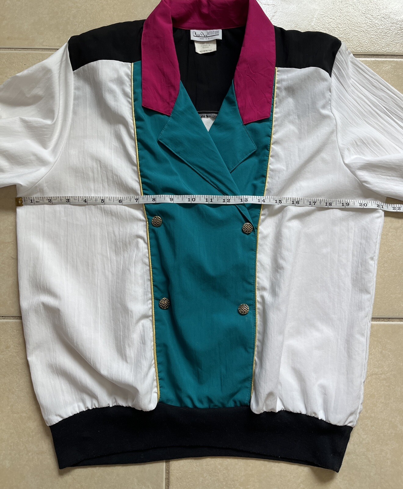 Vintage LA Attitude Women’s Top Medium Pullover White Black Green Gold Geometric