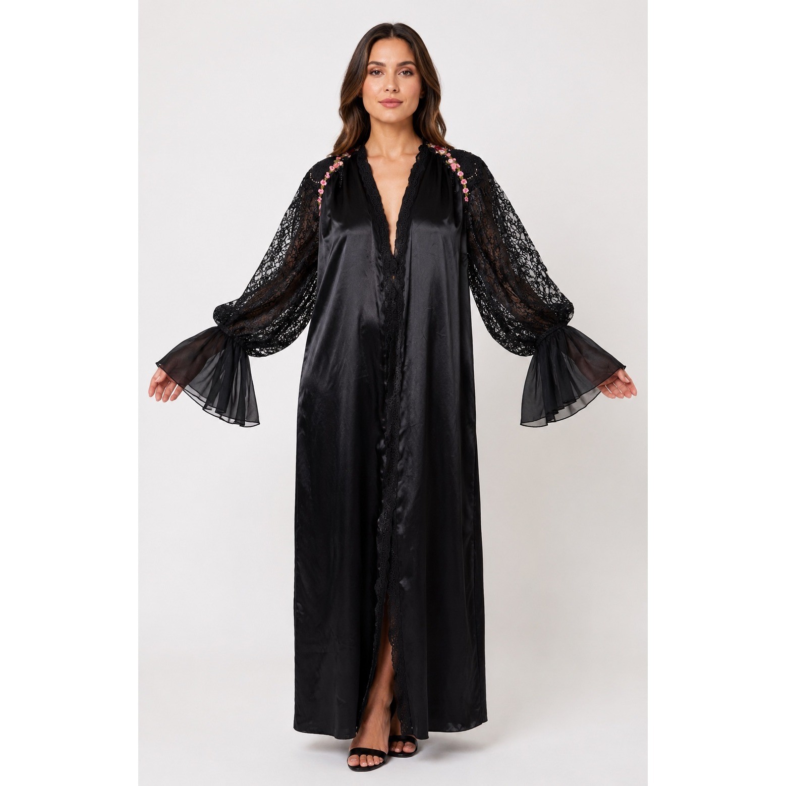 Vintage 1980s Lacy Afternoon Black Satin Lace Goth Robe Neglige Floral Beaded L