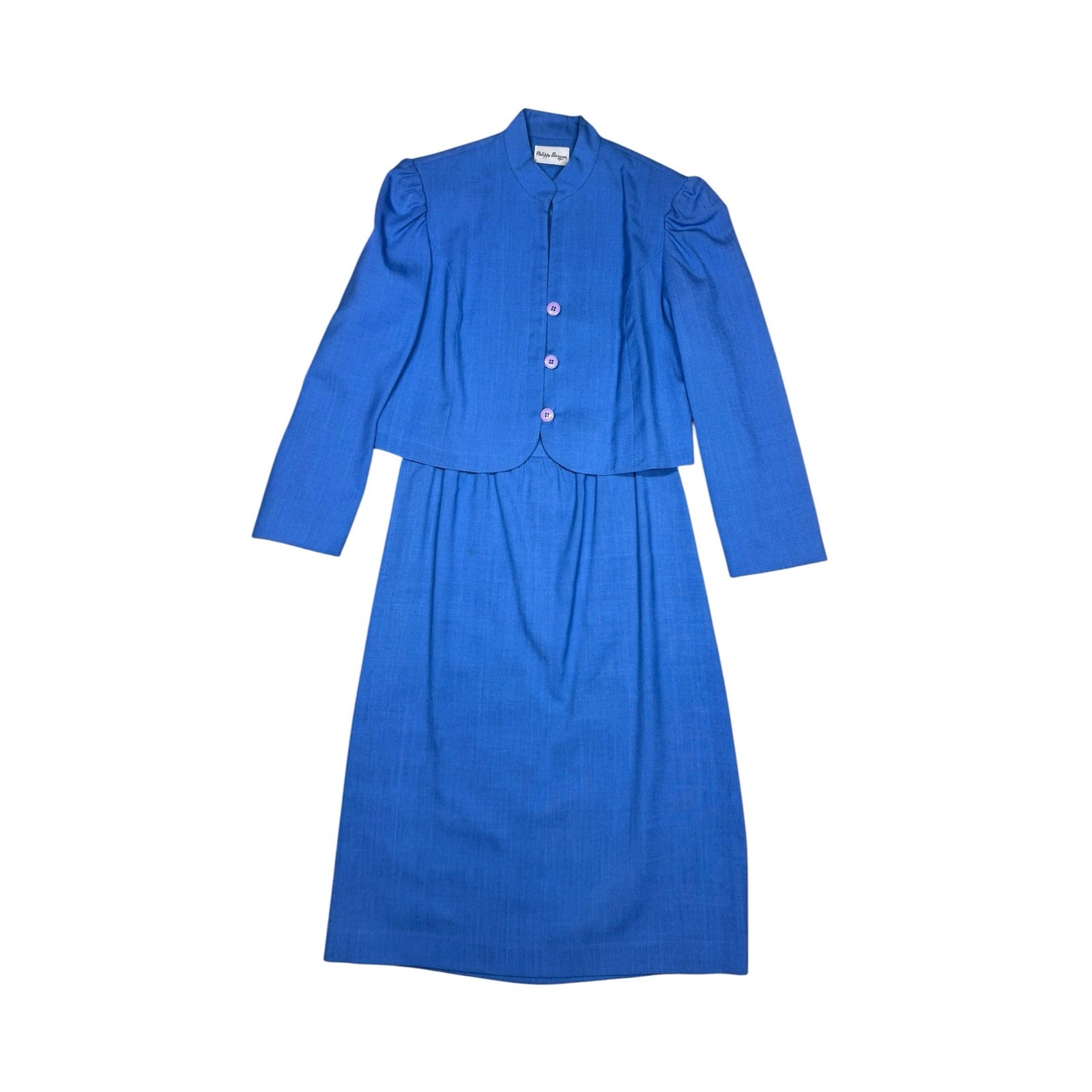 Philippe Marques 80s Vintage Blazer Skirt Suit 2 pc Set Blue Purple Size Medium