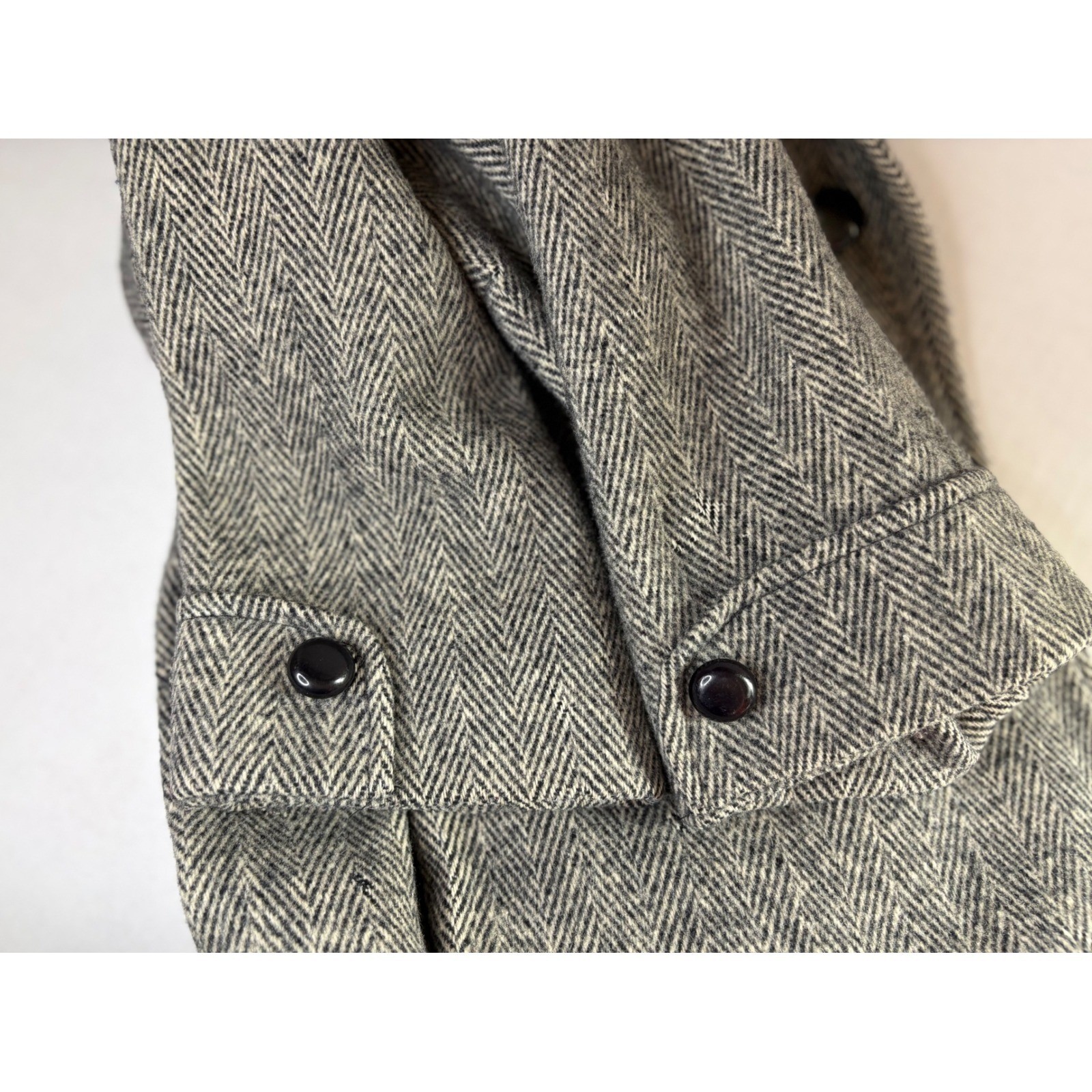 Vintage Made in USA Herringbone Coat Velvet Collar Gray Longline Overcoat