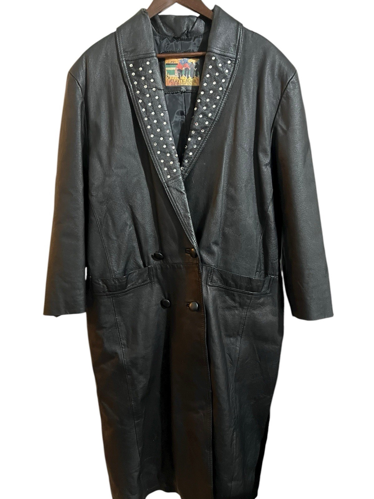 Vintage Atlantic Beach Leather Works Womens L Black Long Coat Rhinestone Collar