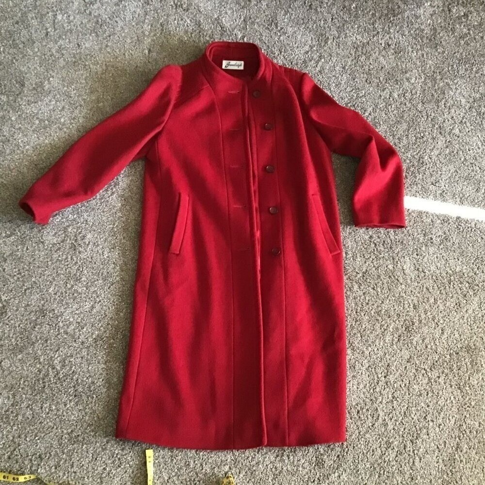 Bromleigh Vintage Red Wool Coat Stand Collar Button Front Satin Lined Women