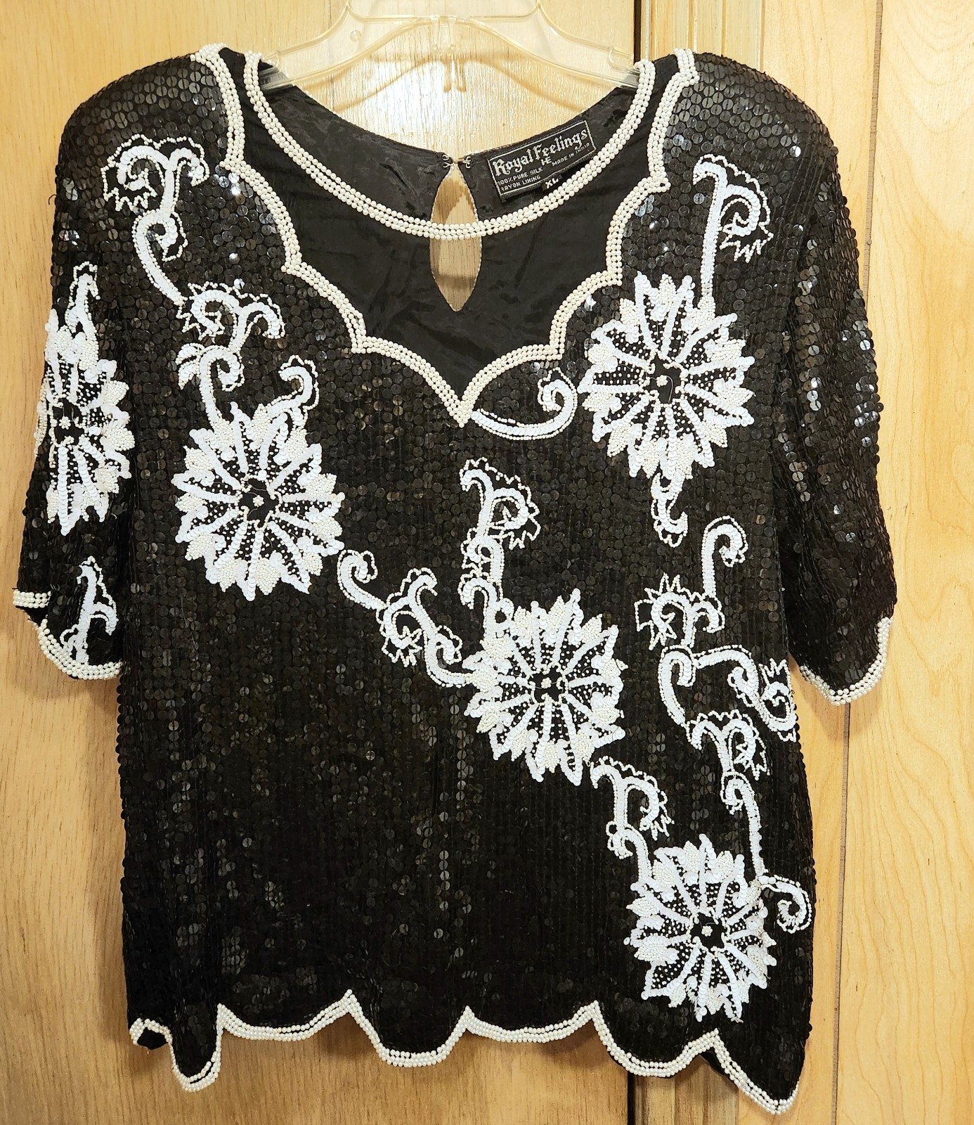 Vintage Royal Feelings Silk Blouse Womens XL Beaded Sequins Floral Design Top