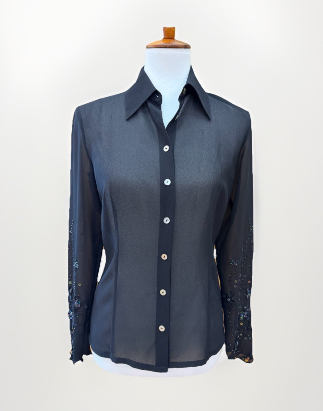 Vtg Sz 4 Womens Black Blouse Semi-Sheer Sequin Slv Embellishment Dark Romantic