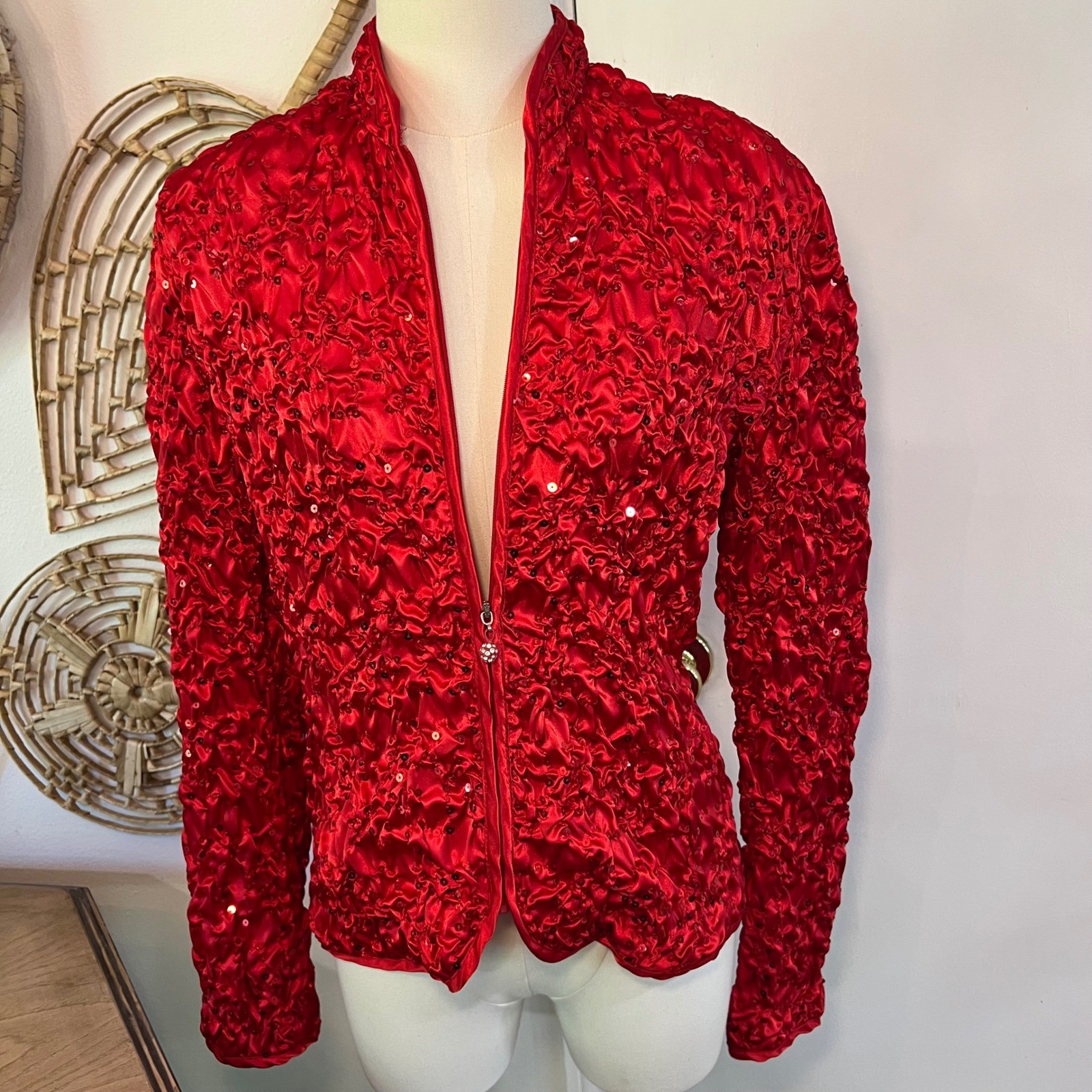 Vintage J.B.S. Ltd Red Ruched Beaded Sequin Zip Up Jacket Party Glam Y2K Small