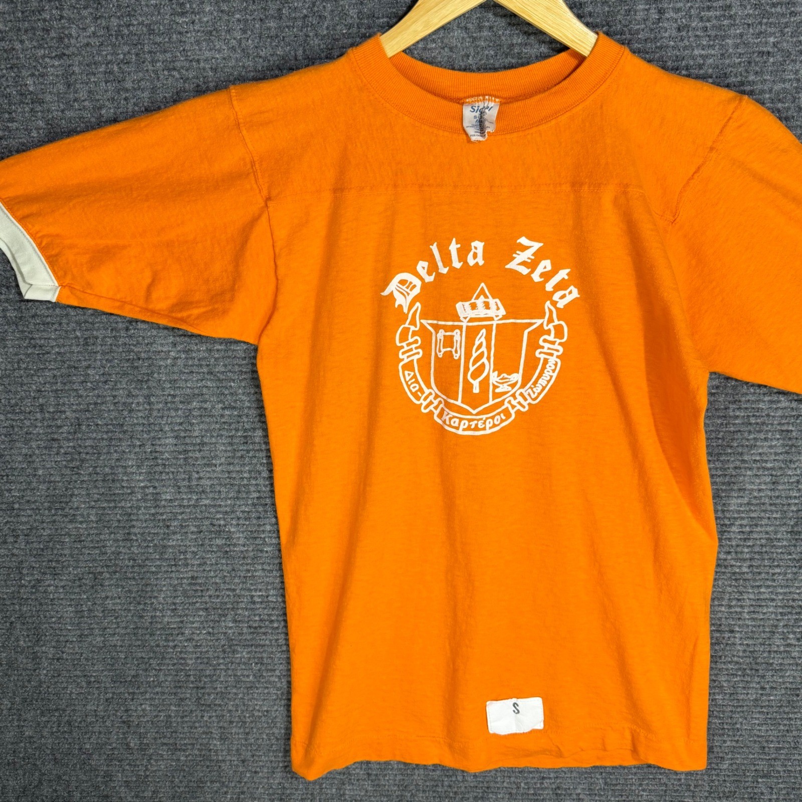 Vintage 70s Delta Zeta Sorority Ringer Baby Tee Orange Signal Small Desirees Big