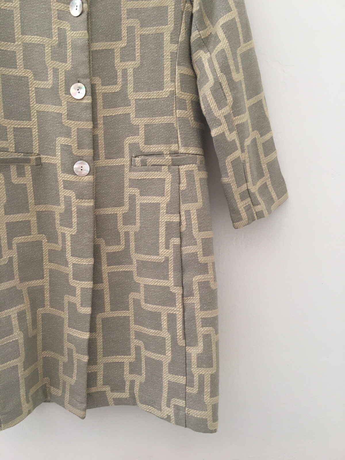 Vtg Kathryn Asahino Originals Coat XS Gray Beige Mid Mod Geometric Sparkle