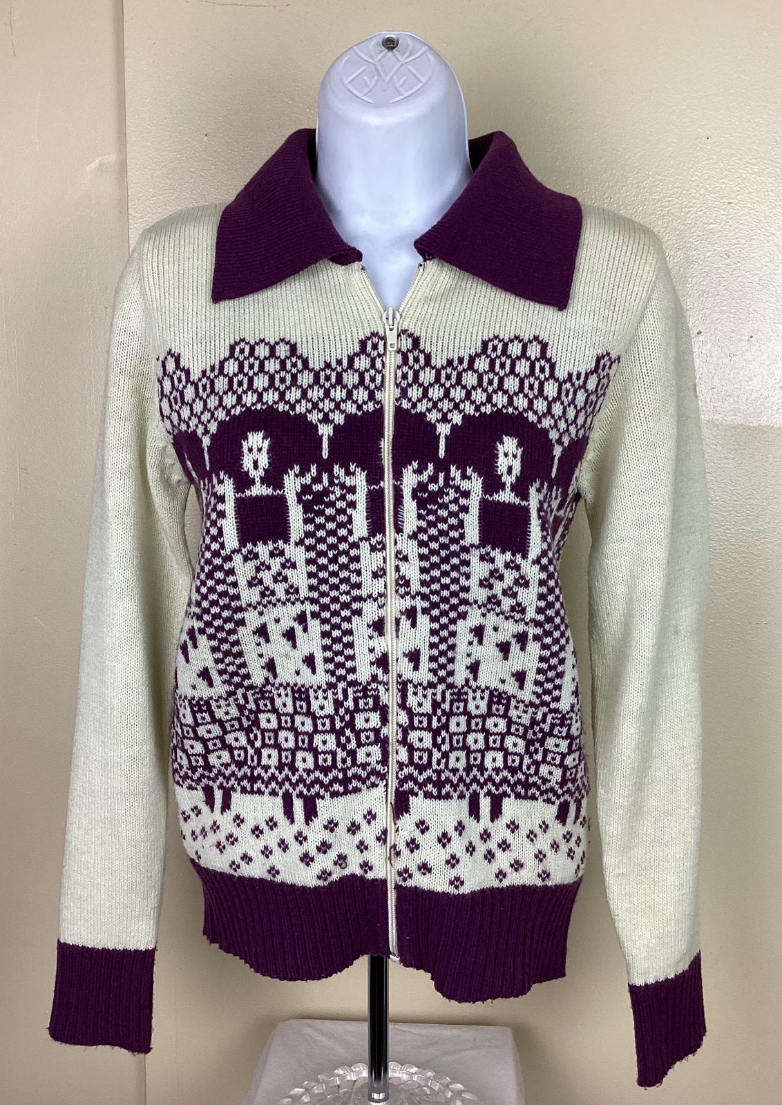 Vtg 70s Full Zip Sweater Jacket Purple Cream Color Women’s S Knit Pattern