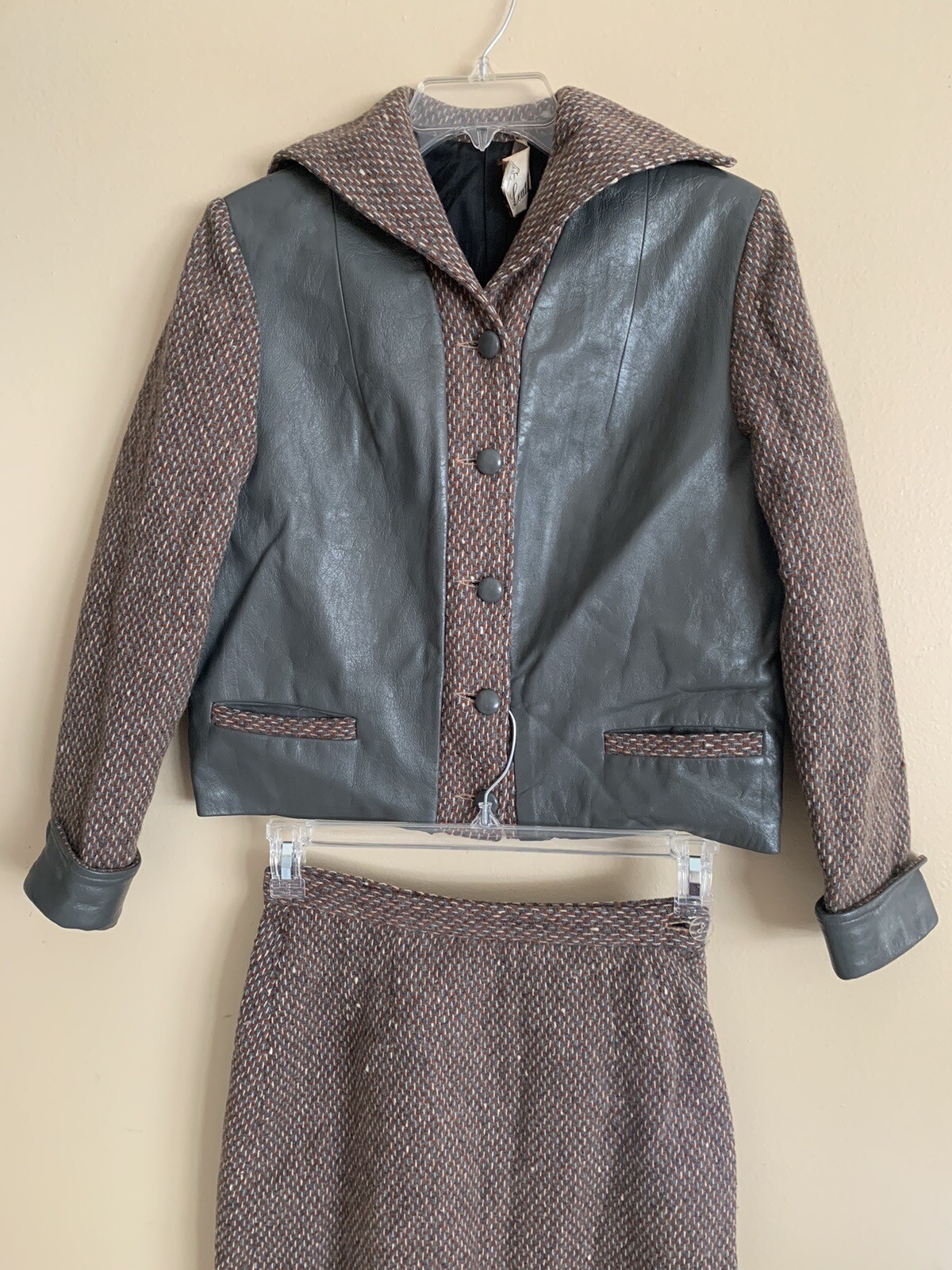 Vintage 50s 60s Tweed Leather Suit Wool Jacket & Skirt Set S/M
