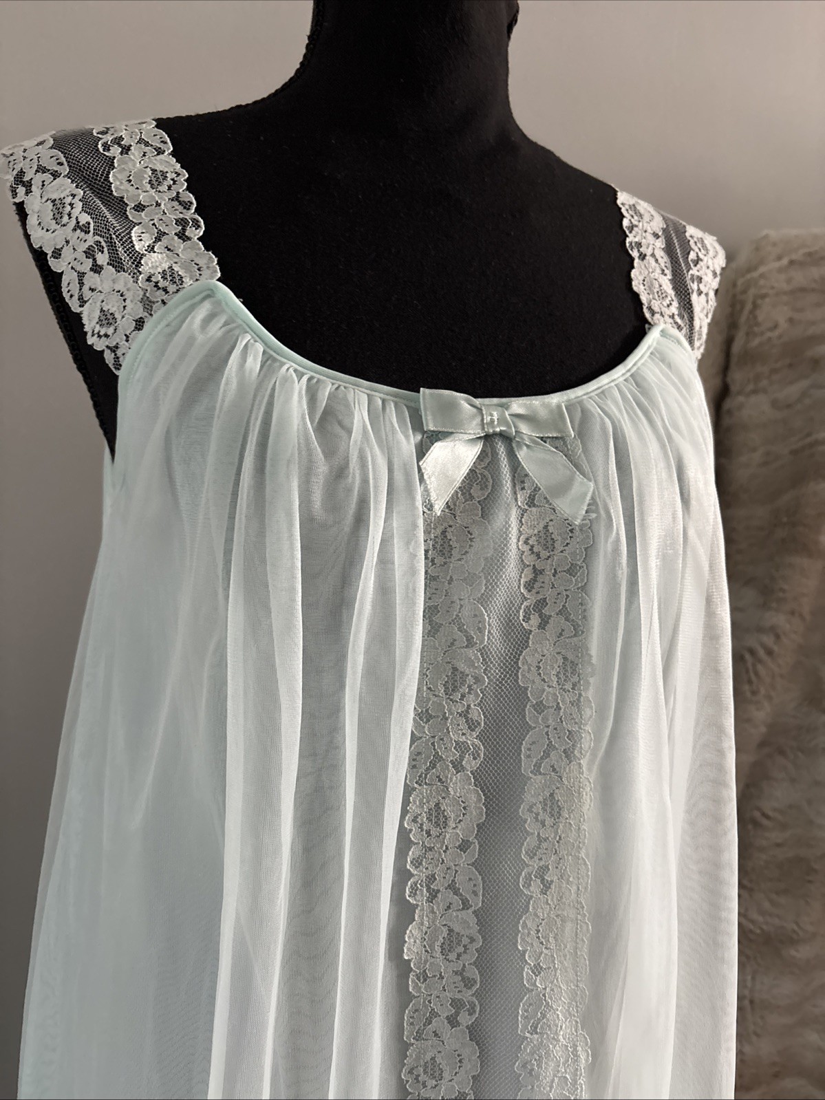 Vtg 60s Lt Blue Double Layer Chiffon Nylon Lace Short Nightgown Nightie Small