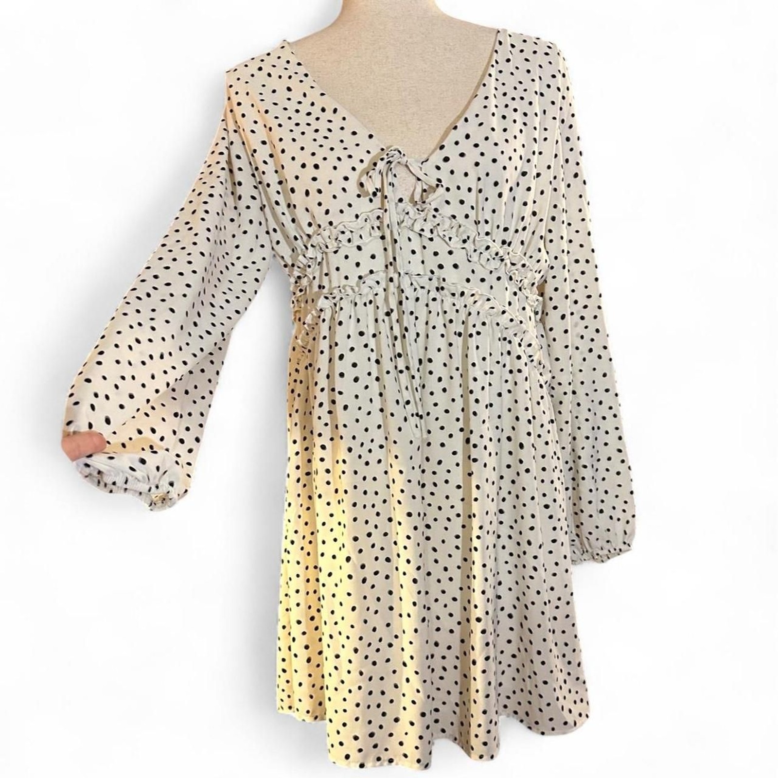 Altar’d State Creme and Black Polka Dot Mini Boho Peasant Dress