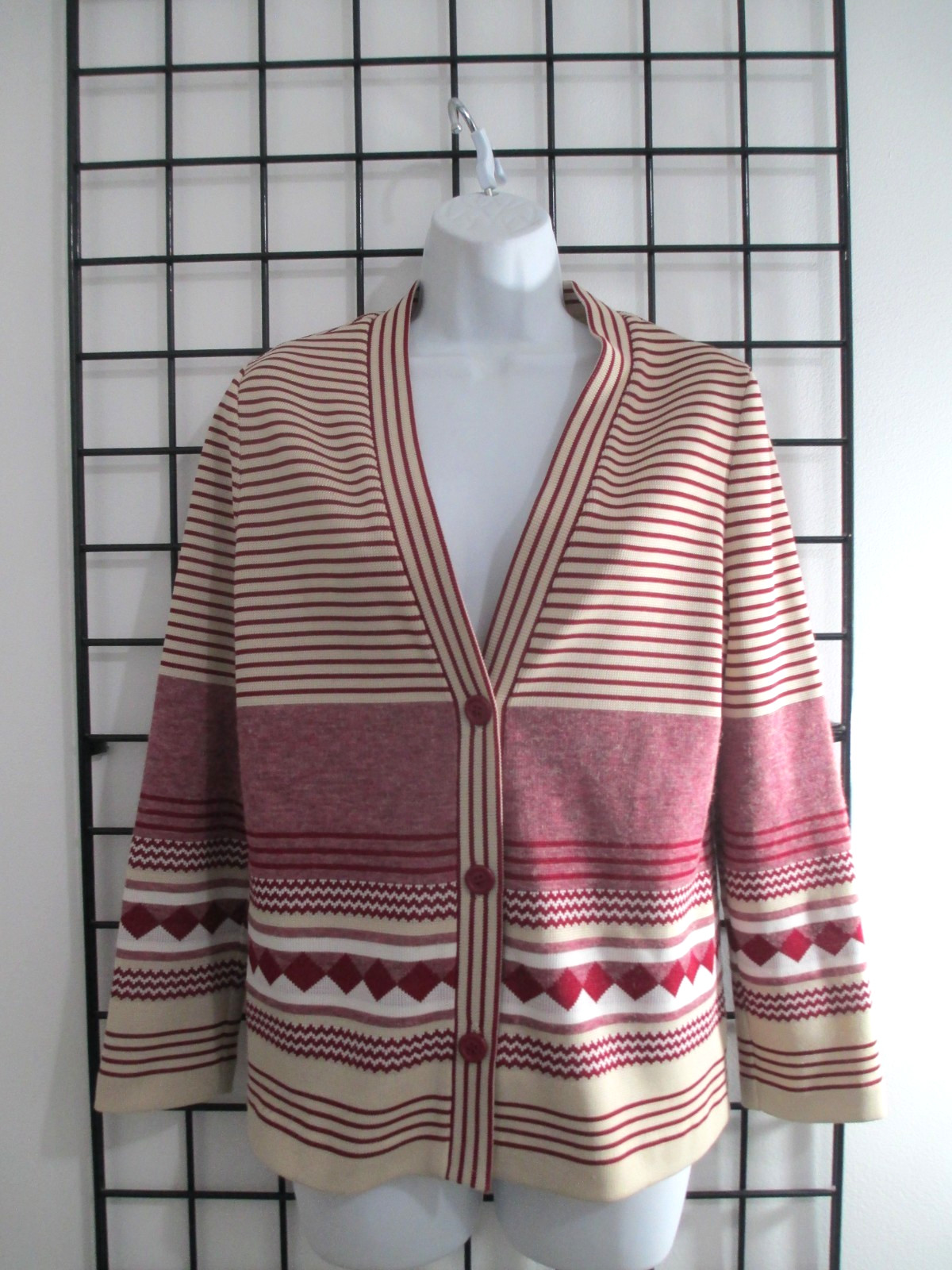 VINTAGE JOE FRANK OF HOUSTON 🌸 SMALL / 36″ BUST==RED STRIPED CARDIGAN SWEATER
