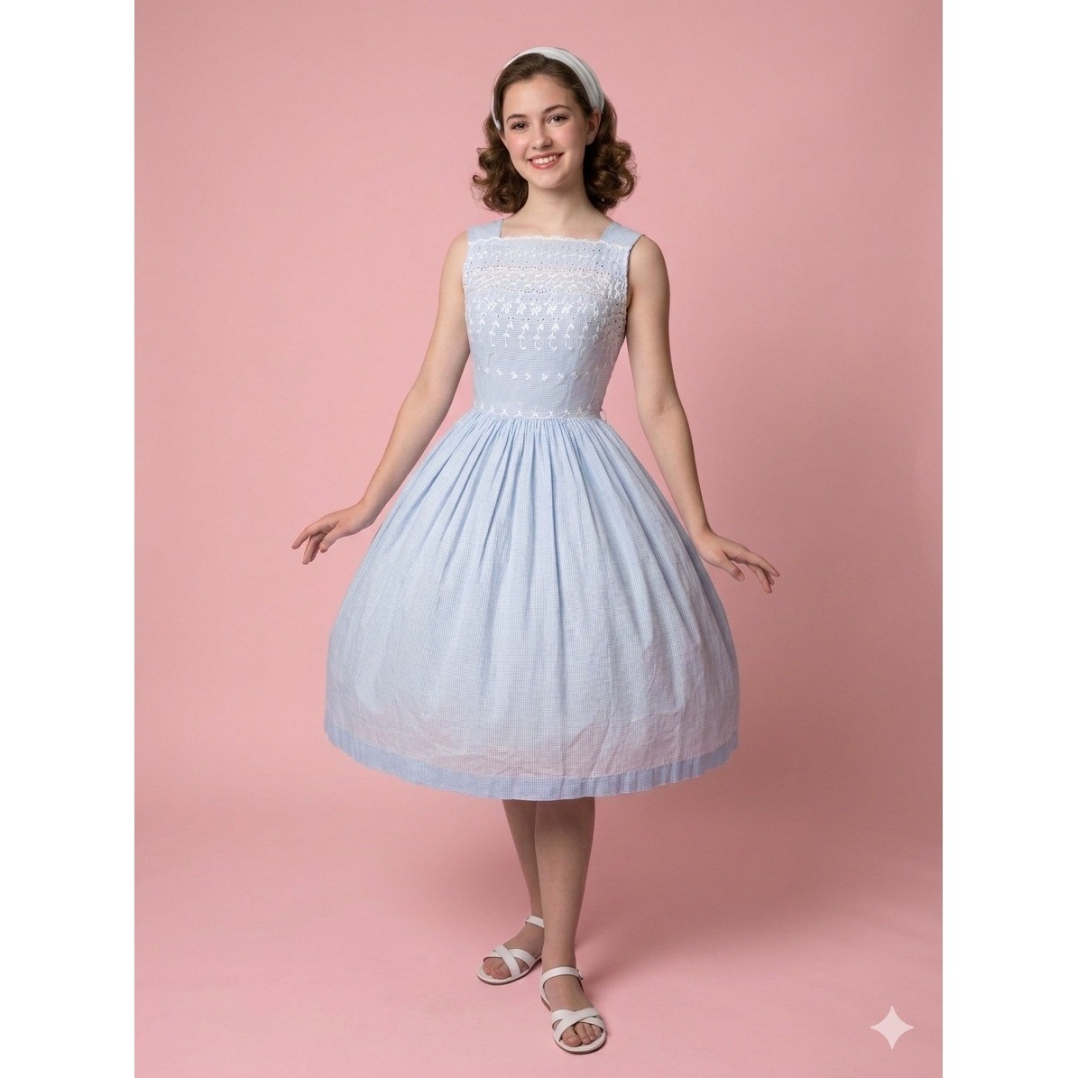 Vintage 1950s Blue Gingham Cotton Embroidered Eyelet Lace Summer Dress XS cute