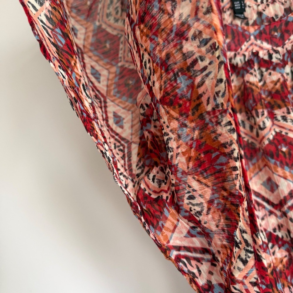 Vintage Y2K FANG Red Geometric Tribal Print Flutter Sleeve Peplum Chiffon To L