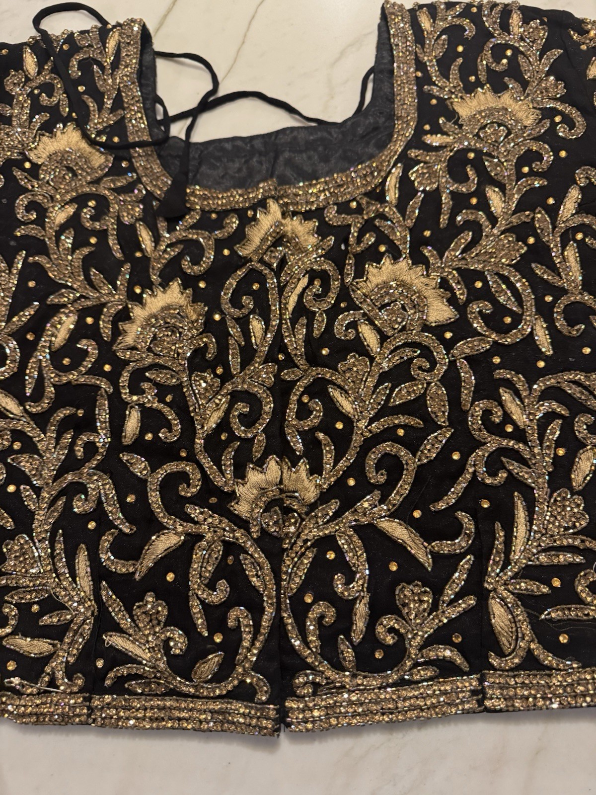 Vintage Indian Sari Blouse Choli Black Gold Beaded Embroidered Top Sz S M